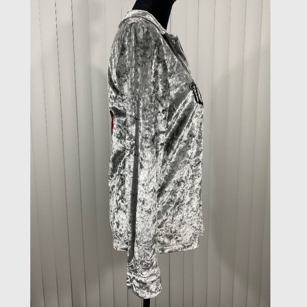 JADED LONDON Crushed Velvet Button Down Shirt Blouse Embroidered Panther Silver - Picture 8 of 14